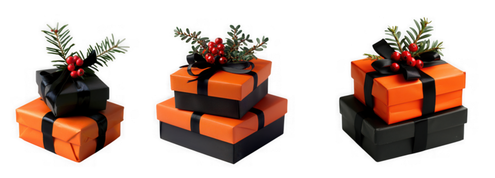 Three halloween themed gift boxes stacked with festive orange and black wrapping and green sprigs isolated on transparent background