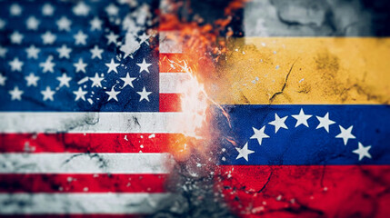 Background with the American and Venezuelan flags with a crack and fire. Copy Space. America's war on Venezuela. Conflict with Venezuela.