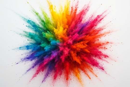 Explosion of vibrant colored powder bursting outward in radial pattern on clean white background, symbolizing creativity and energy concept. Ai generative - Powered by Adobe