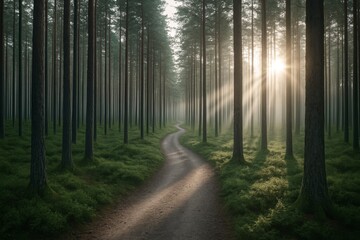 Fototapeta premium Serene morning sun rays filtering through tall pine trees along a winding forest path in a peaceful green woodland background concept landscape scene. Ai generative