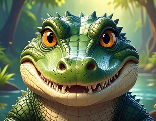 Close-up of a cartoon crocodile with big eyes smiling in a lush, green jungle environment