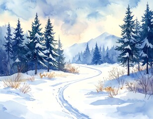 Tranquil snowy landscape featuring a winding path and tall pines rendered in delicate watercolor tones