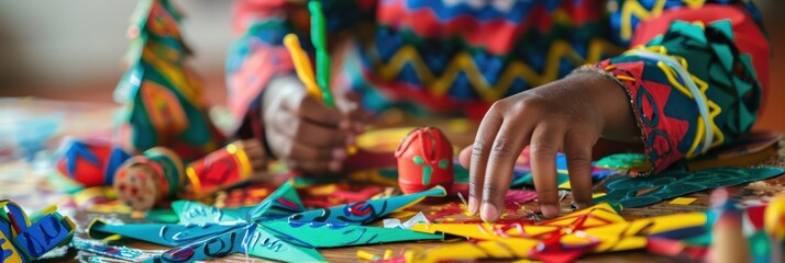 Colorful Kwanzaa celebration with children engaged in festive decorations