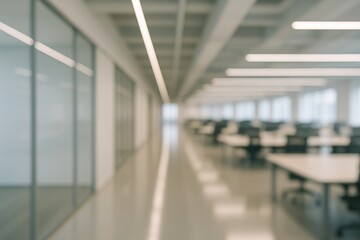 Blurred view of modern open-plan office interior with desks and chairs under ceiling lights, creating a minimalistic workspace background concept. Ai generative