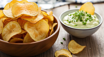 Crisped yellow potato slices arranged in a rustic dish beside a creamy herb dip, presenting a tempting appetizer snack theme ideal for culinary marketing, packaging design, and food promotion