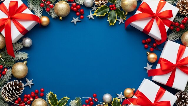 A white Christmas gift with a red ribbon is located on the right side of the background, decorated with a blue background, viewed from above. A festive Christmas holiday theme. Xmas.