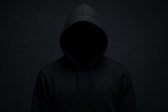 Faceless hooded figure in dark hoodie on black background symbolizing anonymity, mystery and cyber threat concept. Ai generative. Ai generative