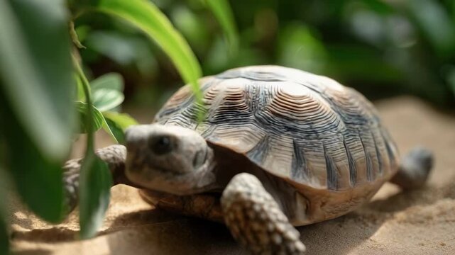 A tortoise crawling on sandy ground with green plants nearby, close-up of its patterned shell and legs