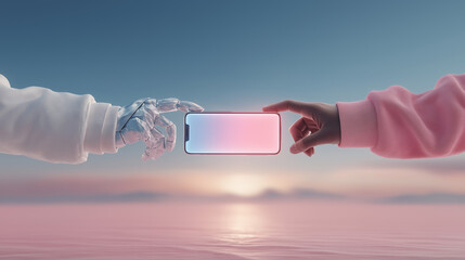 Two hands pulling glowing smartphone opposite sides technology addiction attention conflict concept generated ai