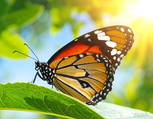 Vibrant monarch butterfly resting gracefully on a lush green leaf in sunlight
