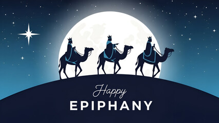 Epiphany celebration with three kings journey under radiant star in night sky creating symbolic festive scene of dia de reyes tradition with noble silhouettes carrying gifts toward holy destination