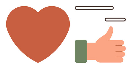 Heart beside thumbs up, showing appreciation and positive feedback. Ideal for love, support, positivity, encouragement, emotions, relationships and communication concepts. A simple flat metaphor