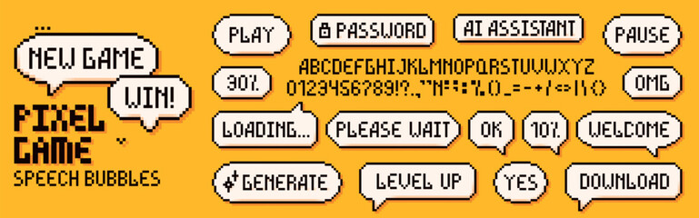 Pixel art set of speech bubbles and alphabet for replacing words on yellow background.