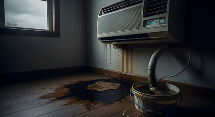 Clogged Air Conditioning Drain Resulting in Water Leakage on Indoor Floor, Highlighting HVAC Maintenance Issues, Household Damage, and Plumbing Concerns