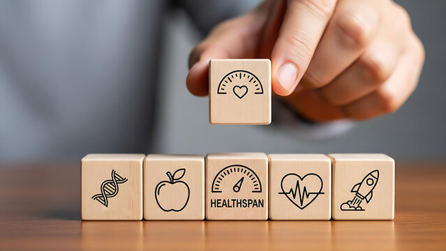 Boosting healthspan and longevity, wellness concept with icons on wooden blocks, focus on healthy living, science of aging, and extending active lifespans naturally