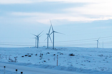 Wind turbine on snowy field at sunrise. Alternative energy sources. Eco-friendly electricity. Alternative energy winter, Kola Peninsula,