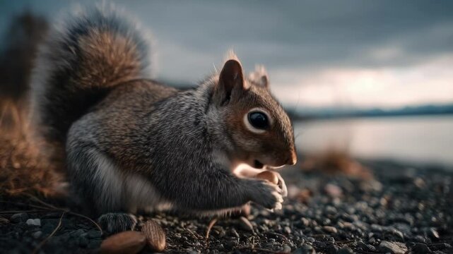 A gray squirrel on a pebbled shore by the water, nibbling on a nut.