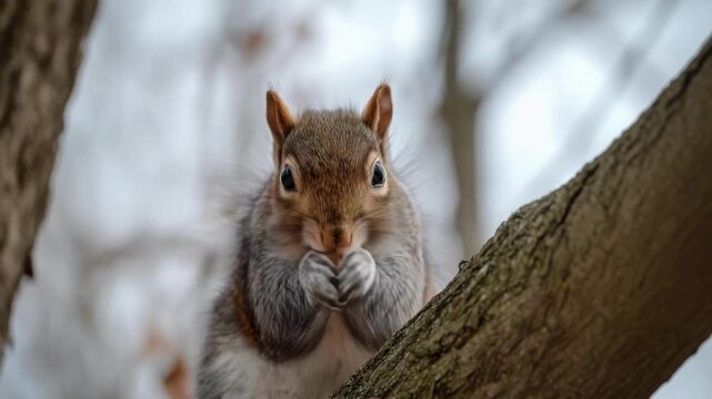 A curious gray squirrel on a tree branch, paws held together near its chest, looking straight at the camera.