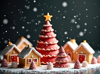 Mini Christmas village houses with central tree and glowing star