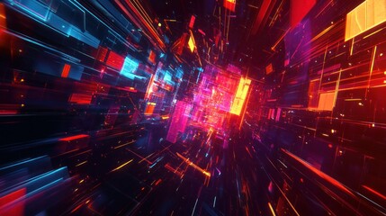 Abstract digital tunnel of vibrant blocks and light streaks