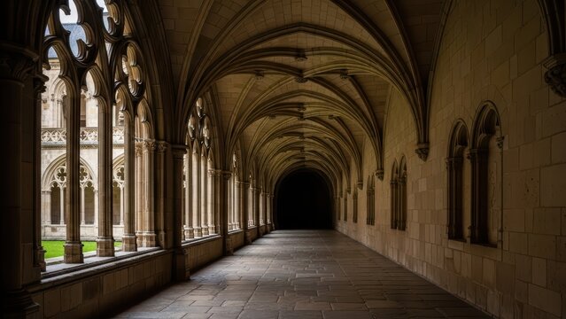 Gothic architecture cloister walkway with arched ceilings and stone columns