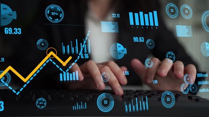 A business professional engages with digital data on a laptop, analyzing various graphs and statistics in a modern office environment to gain financial insights. Xenic - Powered by Adobe