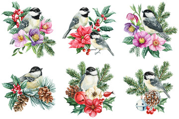 Chickadee birds with poinsettias hellebores holly berries pine branches winter flowers watercolor set seasonal botanical decor © Hanna