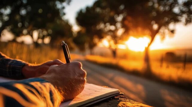 A person writes in a notebook on a wooden railing beside a sunlit rural road at sunset.