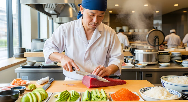 Expert chef skillfully preparing delicate sushi, slicing ingredients with exacting technique and thoughtful attention, showcasing the elegance of fine culinary art