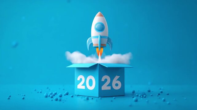 A rocket launches from a box marked 2026, signaling the arrival of the new year. The bright blue background adds a festive touch as everyone looks forward to what lies ahead