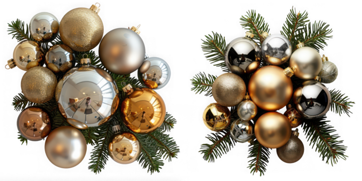 Two christmas wreaths with gold and silver ornaments and green fir branches isolated on transparent background