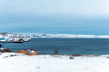 Natural scenery in winter, Russia's Arctic region, Russia's popular tourist destination Teriberka. The coast of the Arctic Ocean in Russia.