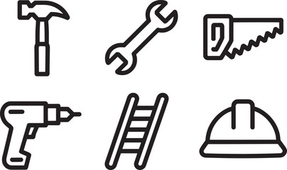 Construction tools and equipment icons set hammer wrench saw drill ladder hard hat outline collection