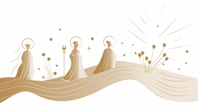 Elegant representation of epiphany three kings day with abstract gold waves and stars. Star of Bethlehem, or Christmas Star. Horizontal banner. Copy space. Three Kings Day