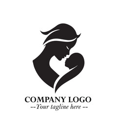 Mom and Baby Logo Symbol in Black on White Background for Gentle Minimalist Branding Design Art