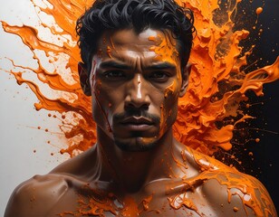 Striking image of a man emerging from an explosion of vibrant orange paint on a contrasting black and white backdrop