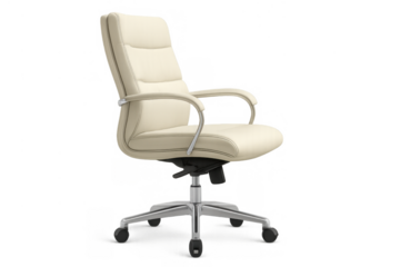 Elegant beige leather executive office chair with chrome base and wheels on transparent background