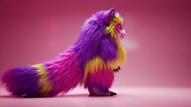 Whimsical Purple Fluffy Plush Animal Toy Posing Reverently Against a Bright Pink Background
