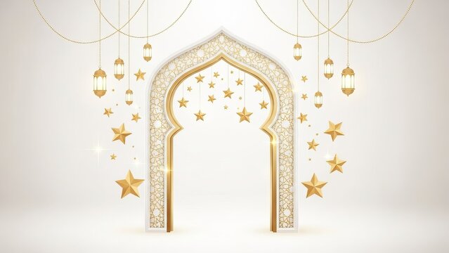 Golden islamic archway with hanging lanterns and stars on a white background