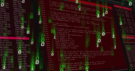 Streaming green binary rain flowing over red code windows in virtual lab, showing monospaced code