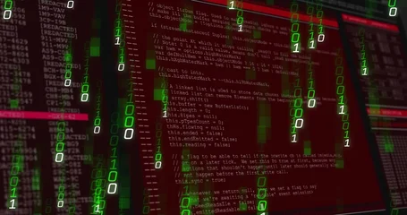 Fotobehang Vlees Streaming green binary rain flowing over red code windows in virtual lab, showing monospaced code  © vectorfusionart