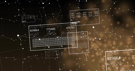 Floating HUD panels with keyboard grid occupying center of 3D data, showing numeric readouts, nodes