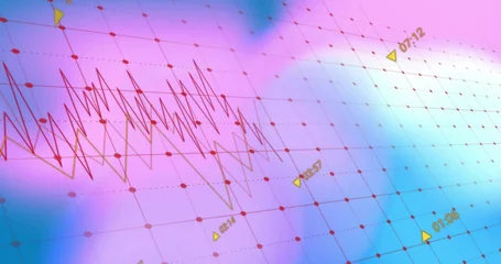 Fotobehang Vlees Showing jagged red line plot on gradient plane, dotted grid, red nodes, yellow time markers  © vectorfusionart