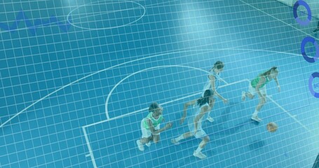 Dribbling four female players wearing green vests on blue court, carrying basketball, HUD grid
