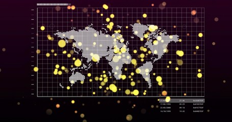 Showing dotted world map pulsing on framed panel, with grid, tick marks, golden bokeh, data table