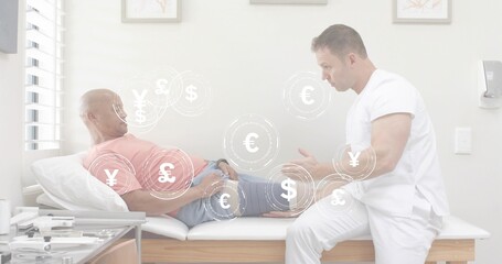 Examining clinician assessing patient lower limb in clinic, wearing pink T-shirt, currency overlays © vectorfusionart