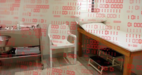 Displaying wooden exam table with paper and pillow on right in clinic under red binary overlay © vectorfusionart