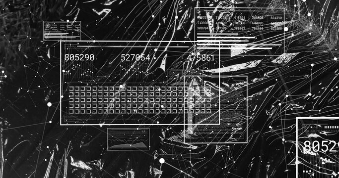 Displaying central white-outlined data panel centering on black backdrop, with grid, numbers, nodes
