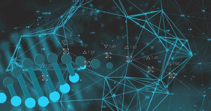Animating centered network in virtual space, with glowing nodes, lines, helix bars, numeric labels