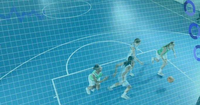Dribbling four female players wearing green vests on blue court, carrying basketball, HUD grid - Powered by Adobe